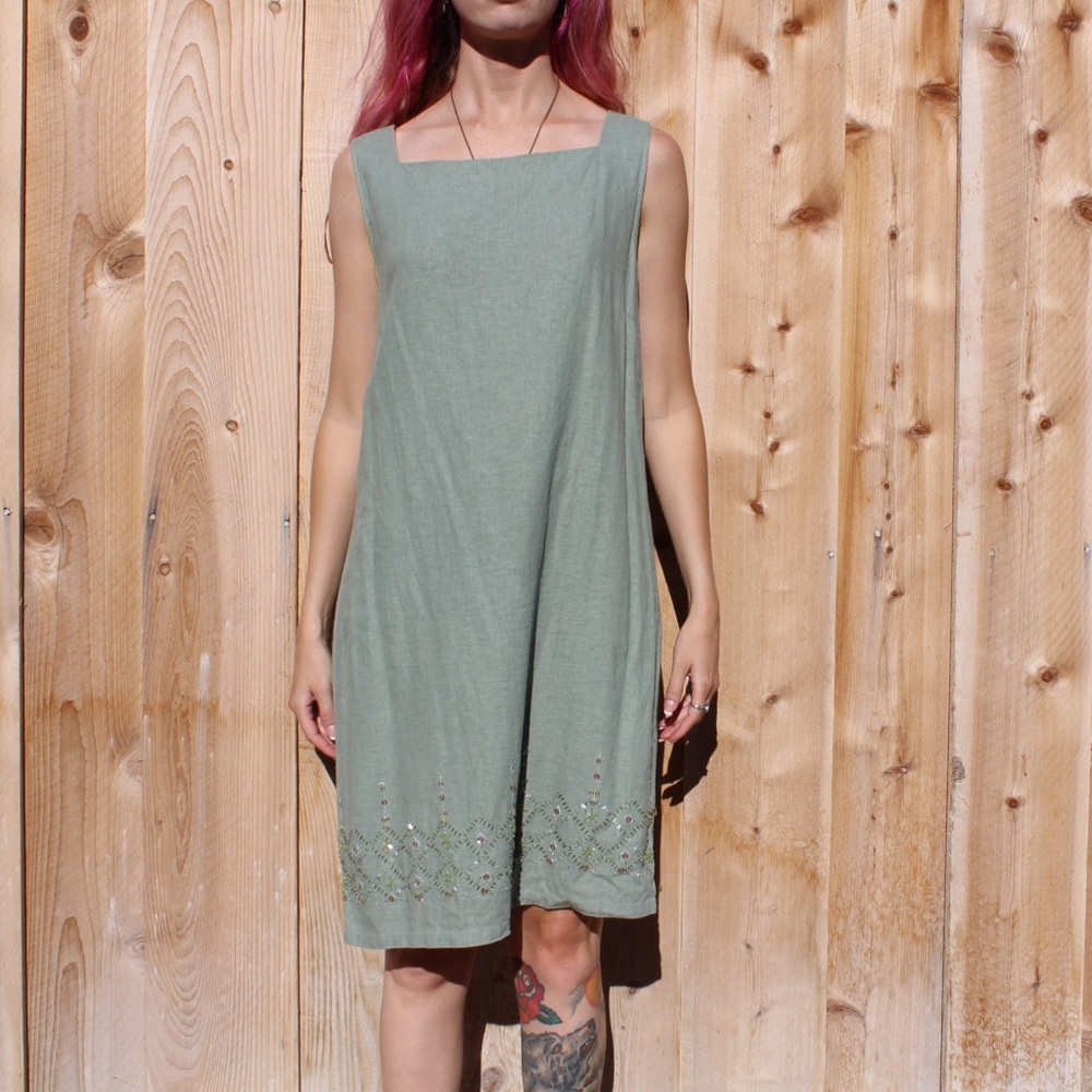 Vintage Pastel Olive Green Linen Tank Dress 👗